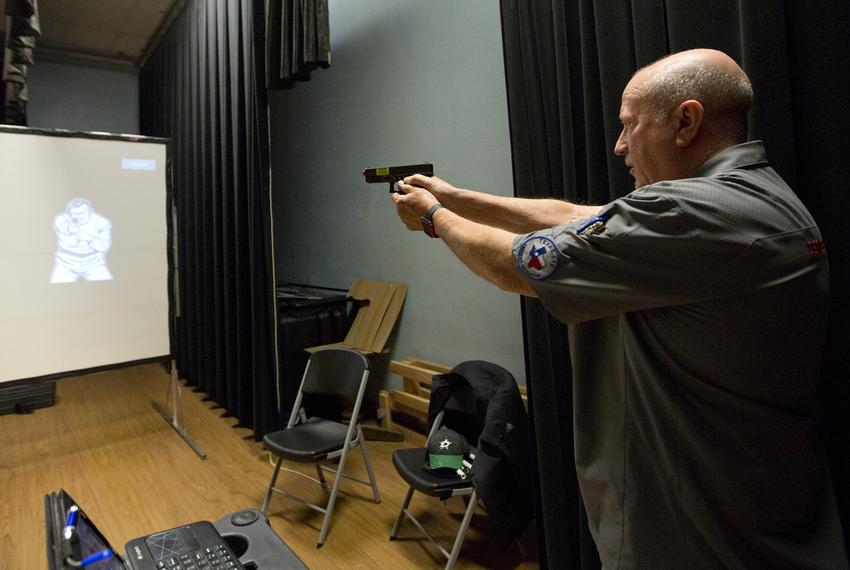 On The Mark Enhanced Tactical Training CEO Ray Dunn inside the Harrold ISD K-12 school where he teaches a gun training class for educators. The North Texas ISD was the first in the nation to arm teachers in 2007.